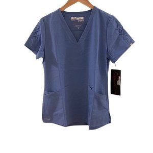 GREY'S ANATOMY Signature 3 pocket V-neck lace sleeve scrub top. Ciel Blue. NWT!